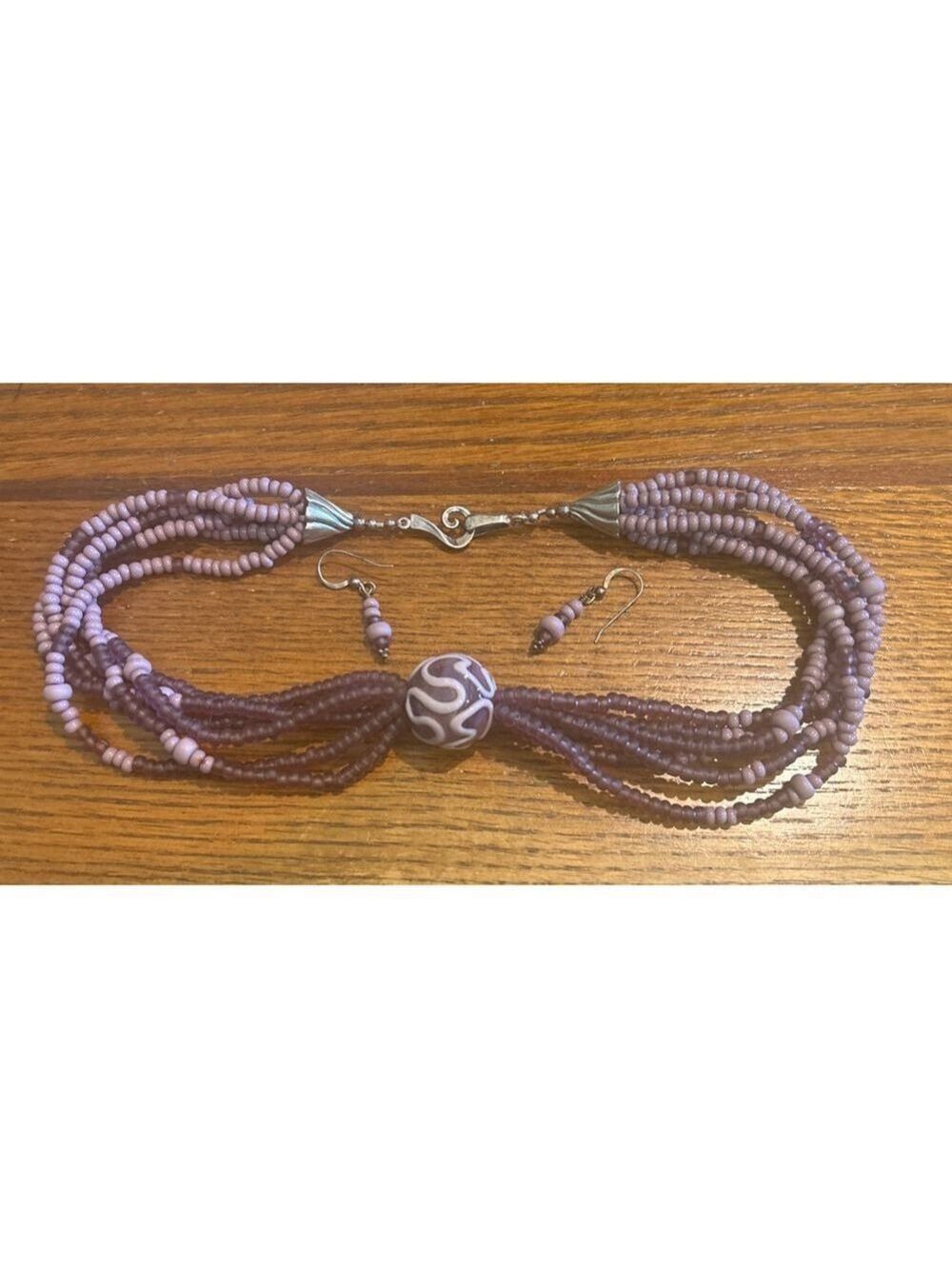 Women's artisan Purple Glass Rocaille Bead Necklace & Earring Set, One Size